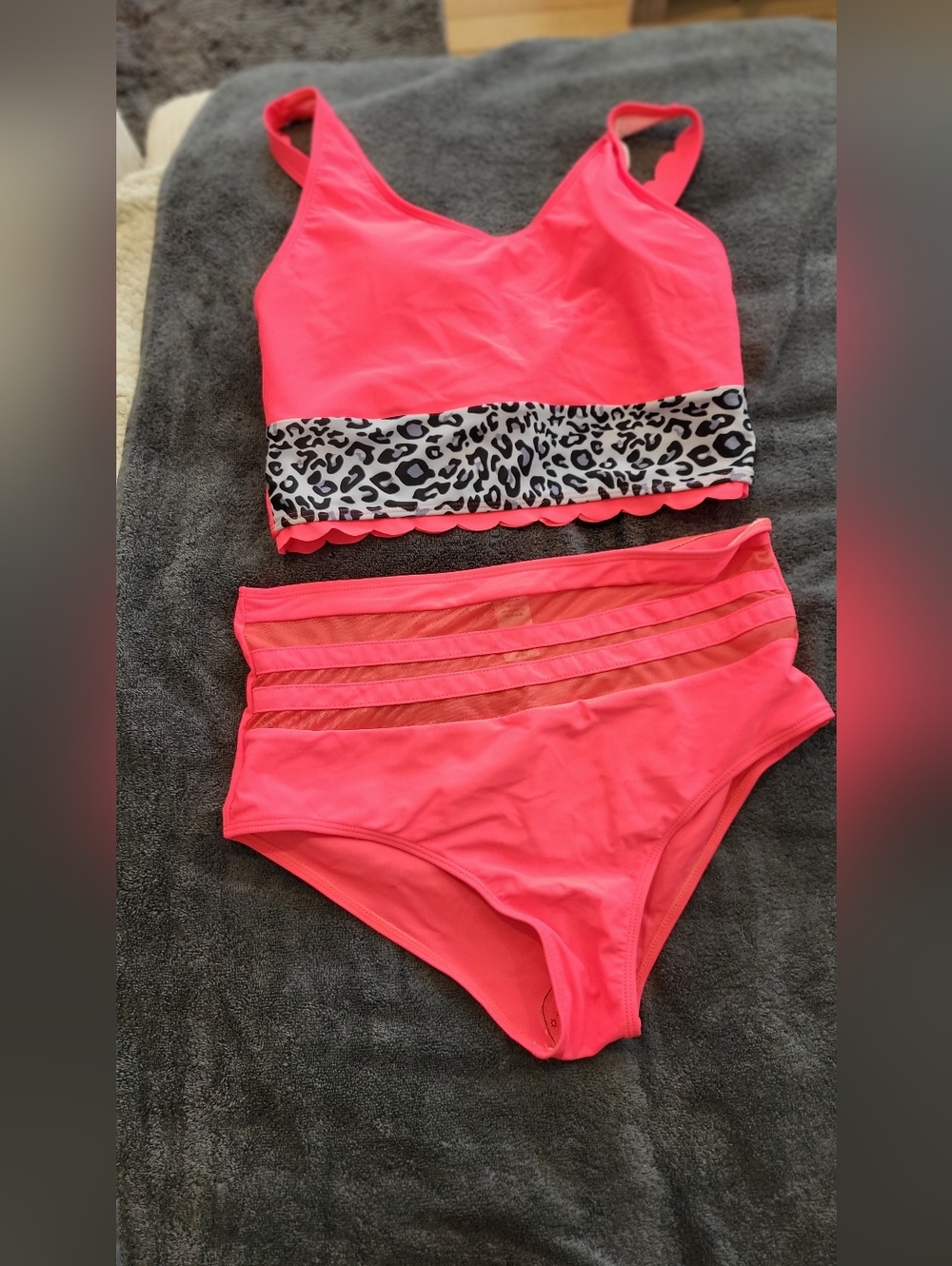 Neon Pink Two-Piece Swim Set with Leopard Trim